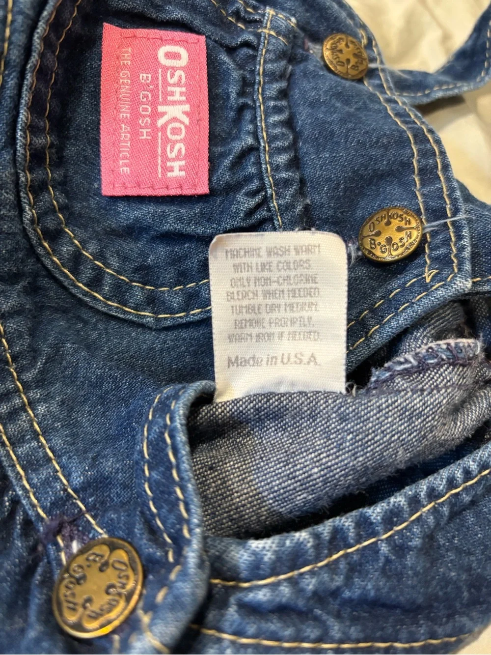 Vintage OshKosh B'gosh Dark Blue Denim Overalls with Pink Logo Patch